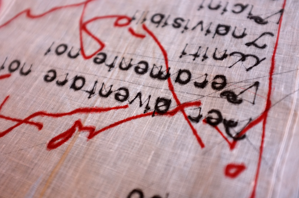 Close-up on the fabric asborbing ink from the stabilo pens