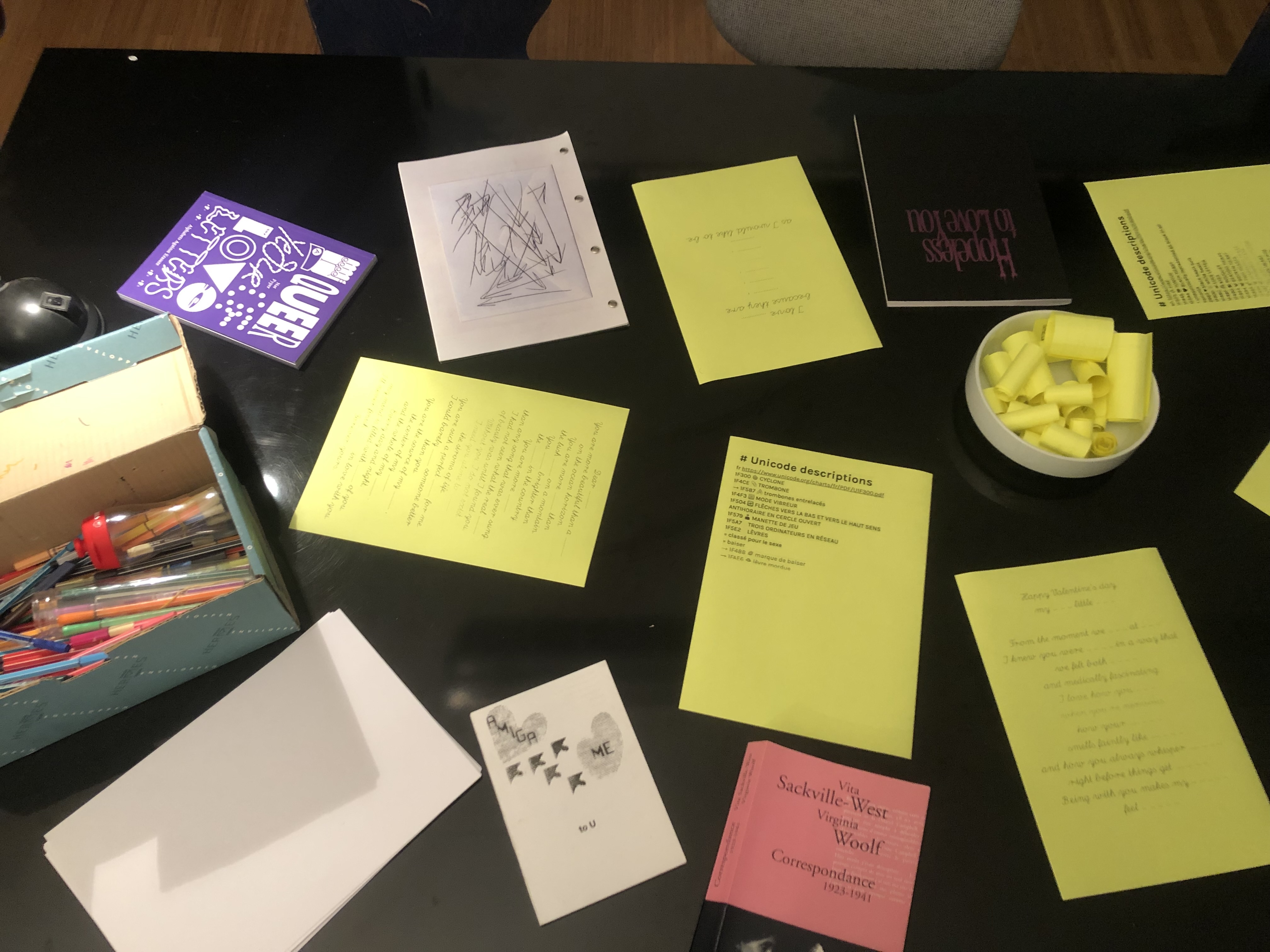 Writing table with books and prompts