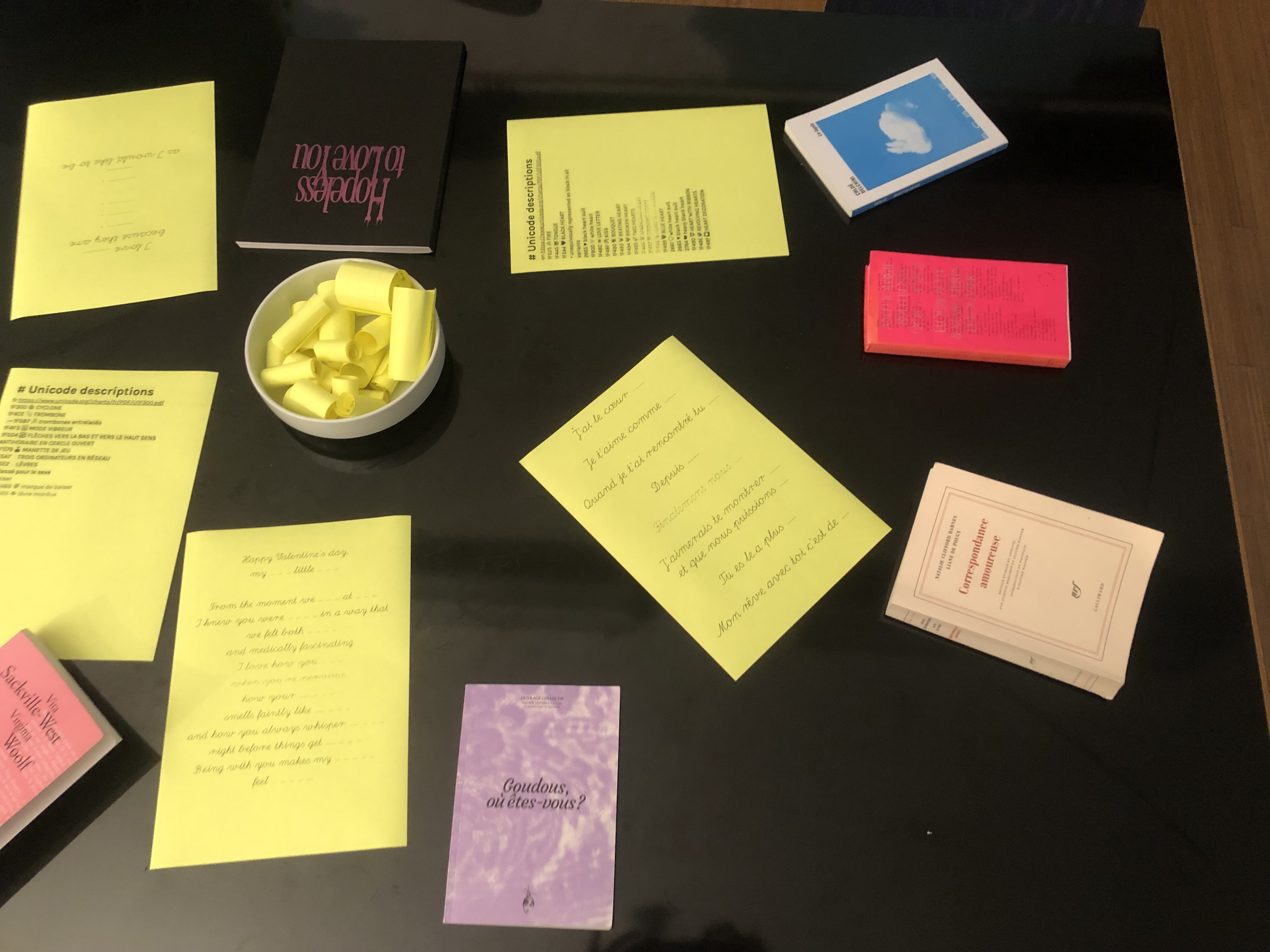 Writing table with books and prompts