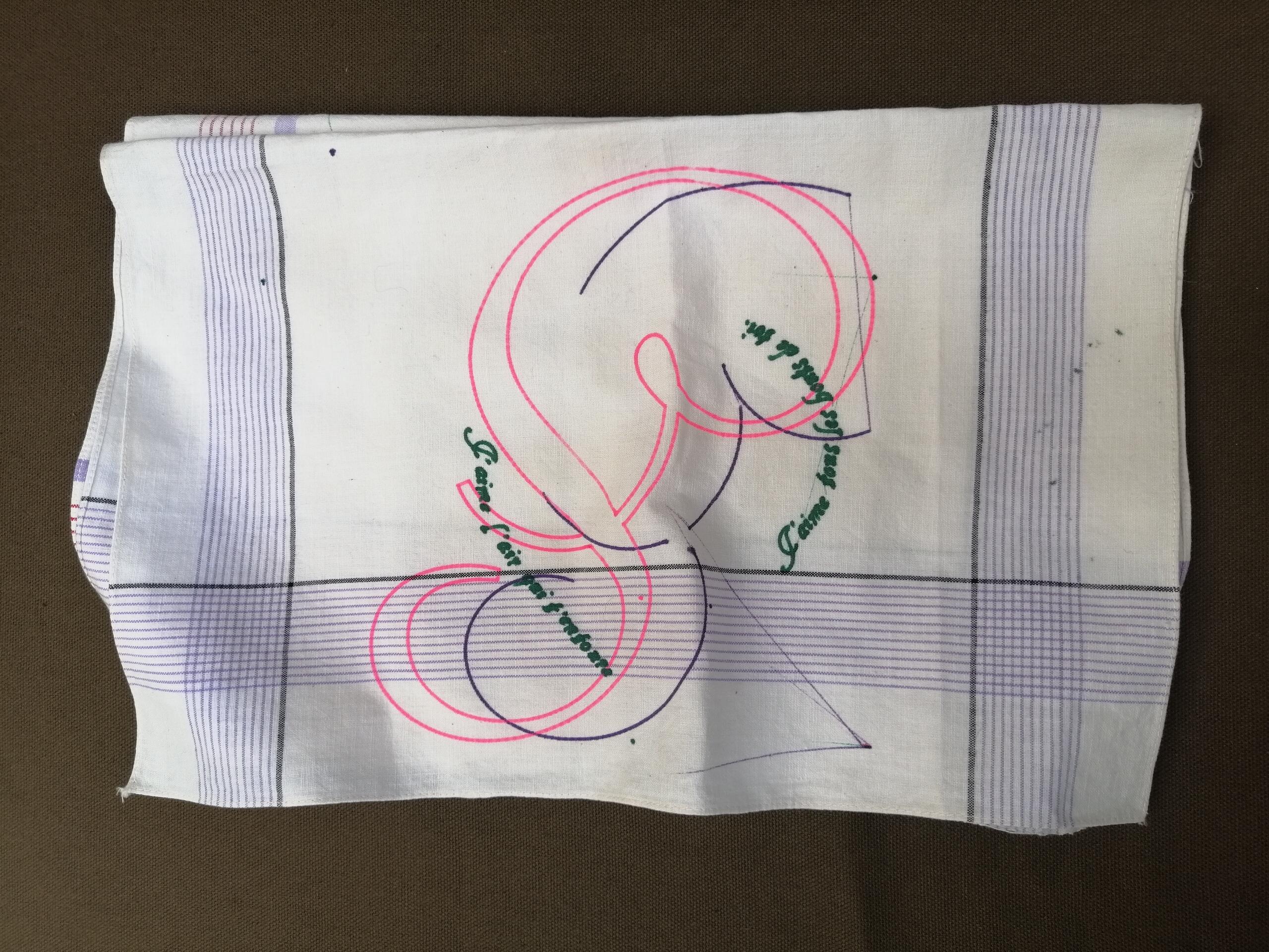A plotted piece of fabric from the love letters workshop