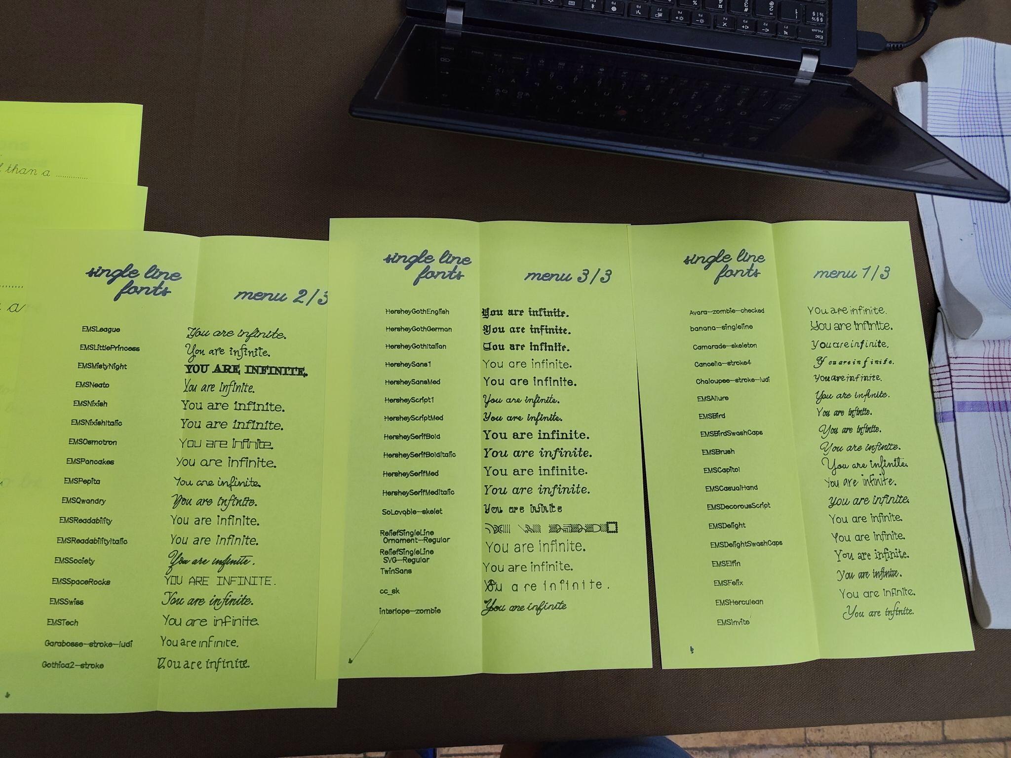 The menu of single line fonts at the Love Letters table