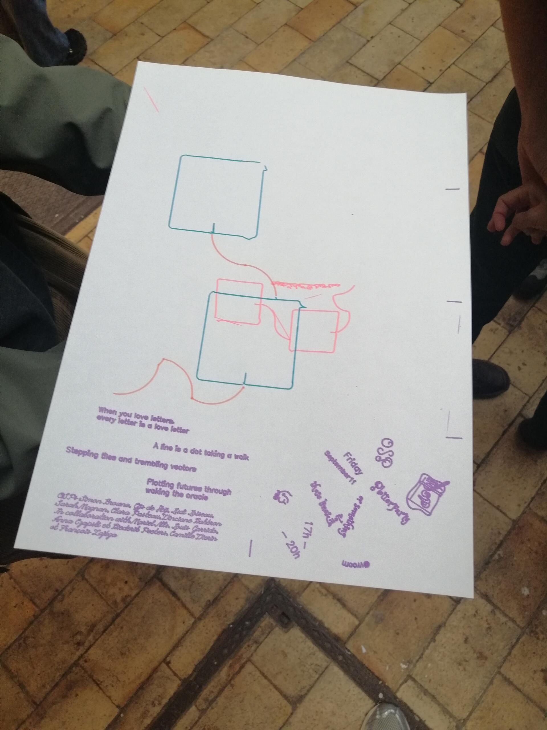A poster with an improvised tiled plotted drawing
